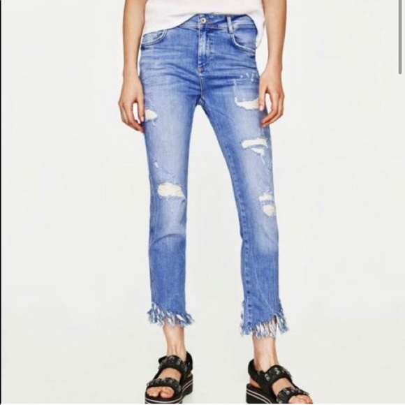 Zara trafaluc denim jeans fringe ankle distressed - Picture 1 of 8